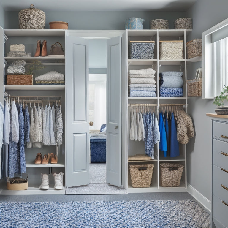 A serene, well-lit closet interior with a mix of high and low shelves, baskets, and rods, featuring adaptive tools like grabber reachers, shoe racks, and foldable seats for diverse abilities.