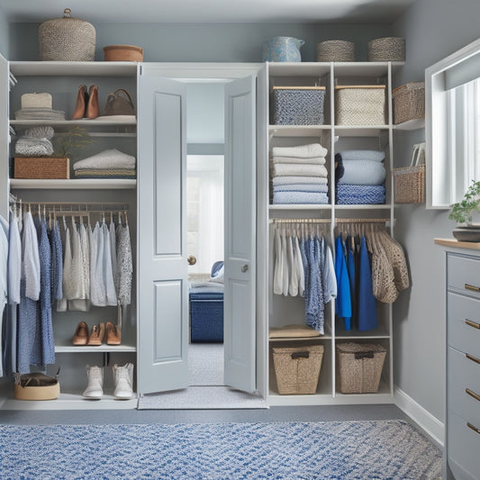 A serene, well-lit closet interior with a mix of high and low shelves, baskets, and rods, featuring adaptive tools like grabber reachers, shoe racks, and foldable seats for diverse abilities.
