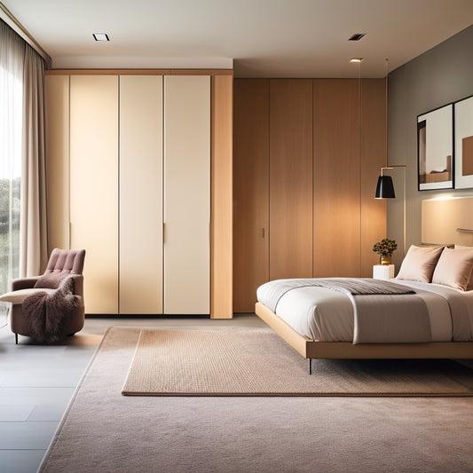 A sleek, modern bedroom featuring a floor-to-ceiling Poliform Night Systems wardrobe with sliding glass doors, minimalist hardware, and a neutral color palette, surrounded by creamy walls and a plush area rug.