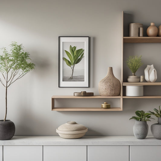 A minimalist living room with three floating shelves in a staggered arrangement, holding decorative vases, framed photos, and a potted plant, against a light gray wall with a subtle wood grain texture.