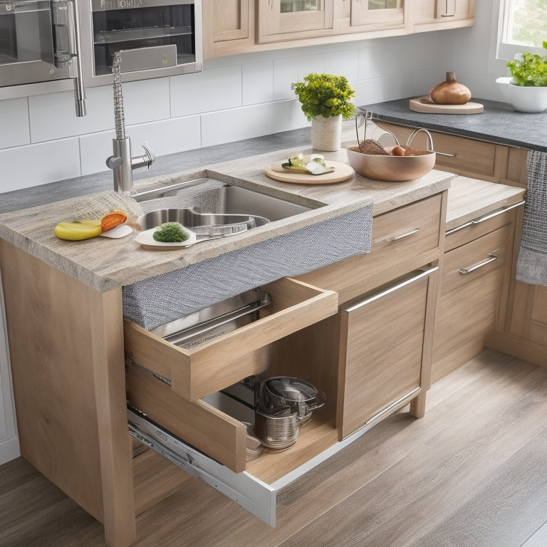 A modern kitchen island with a sleek, stainless steel sink, surrounded by clever storage solutions: a built-in utensil organizer, a slide-out trash can, and a pull-out drawer with a wooden cutting board.