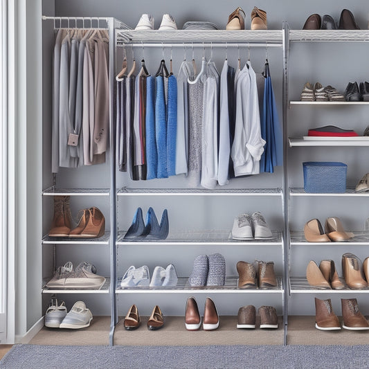 A wire shelf closet with neatly organized clothes, shoes, and accessories, featuring stackable bins, hanging rods with dividers, and a shoe rack with heels aligned in a row.