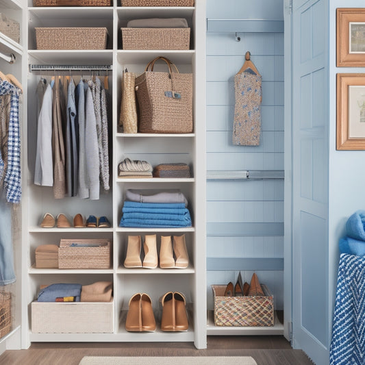 A clutter-free closet with a mix of open shelves, stacked storage bins, and hanging rods, featuring a pegboard with hooks, baskets, and a shoe organizer on the back of the door.