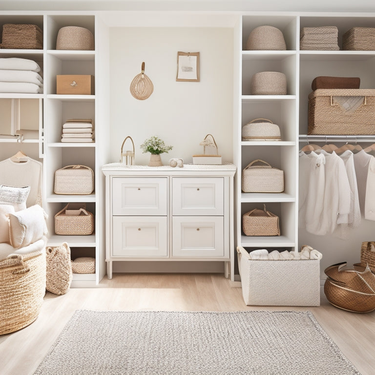 A serene, organized nursery closet with soft, creamy walls, a plush area rug, and a mix of open shelves and drawers in white and natural wood tones, adorned with woven baskets and minimal decorative accents.