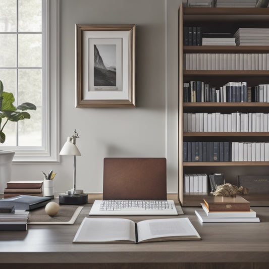 A serene, minimalist home office with a sleek, wooden desk, a few, carefully placed, leather-bound books, and a single, elegant, silver paperweight holding down a neatly organized stack of paperwork.