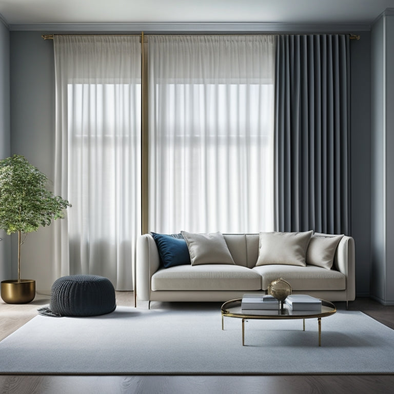 A clutter-free, minimalist room with a sleek, low-profile sofa, a mirrored wall, and a floor-to-ceiling curtain that creates the illusion of a larger space.
