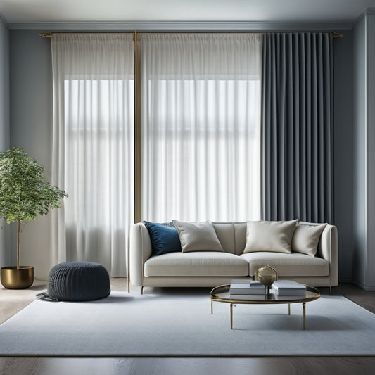 A clutter-free, minimalist room with a sleek, low-profile sofa, a mirrored wall, and a floor-to-ceiling curtain that creates the illusion of a larger space.