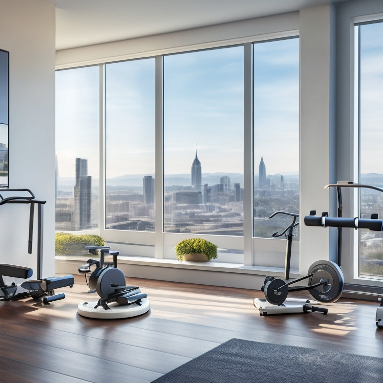 A clutter-free, compact home gym with a wall-mounted foldable treadmill, a compact exercise bike, and a set of stackable dumbbells, surrounded by minimalist decor and a large window with a city view.
