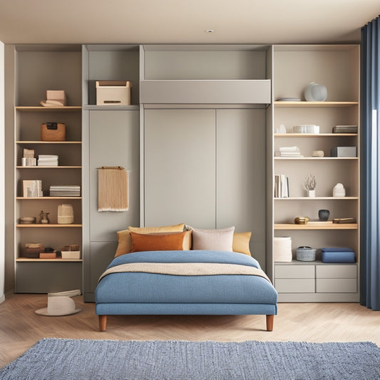 A serene, minimalist room with a Murphy bed, sleek storage ottoman, and a floor-to-ceiling shelving unit with neatly arranged boxes, baskets, and decorative objects in a calming color palette.