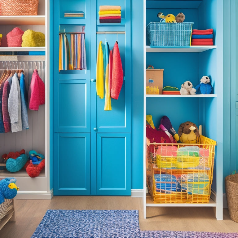 A bright, cheerful closet with a mix of open shelves, baskets, and hanging rods, featuring colorful bins, a kid-sized step stool, and a few stuffed animals and toys neatly stored away.