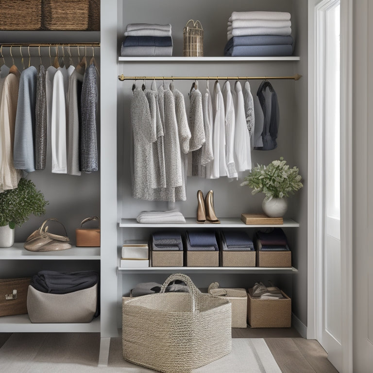 A serene, minimalist closet interior with a few, stylishly arranged outfits on a double rod, surrounded by sleek shelves, storage bins, and a few carefully placed accessories like a woven basket and a velvet hanger.