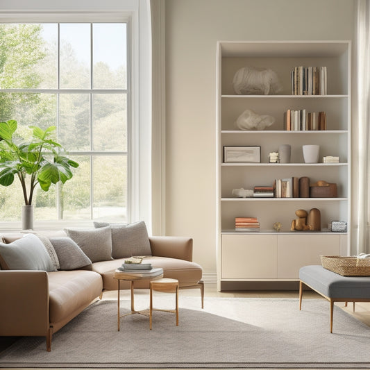 A serene, minimalist living room with a few, carefully chosen decorative items, a tidy bookshelf, and a sleek, low-profile storage ottoman, with a subtle hint of natural light filtering through a nearby window.