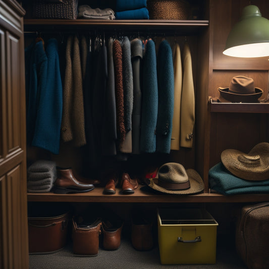 A dimly lit, cramped closet interior with cluttered shelves, overflowing with winter coats, summer hats, and out-of-season shoes, surrounded by dusty storage bins and forgotten accessories.