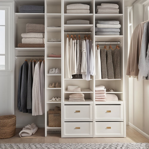 A minimalist, light-filled closet with rows of neatly hung clothes, organized by type and color, and shelves with stacked, labeled storage bins, surrounded by calm, creamy walls and a soft, plush rug.