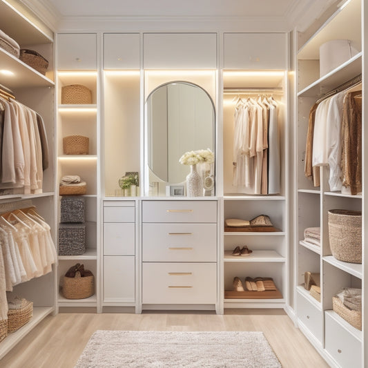 A serene, modern closet interior with creamy white shelves, chrome accents, and soft, warm lighting, featuring a stunning floor-to-ceiling mirror and elegant, velvet-lined drawers.