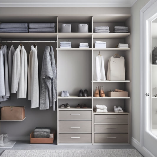 A serene, minimalist closet interior with pale gray walls, warm wood shelves, and sleek silver rods, featuring a mix of neatly hung garments, organized accessories, and stylish storage bins.