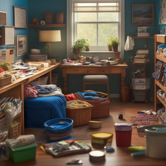 A cluttered room with scattered papers, clothes, and household items transforming into a tidy space with organized shelves, labeled bins, and a sense of calm, serenity, and control.