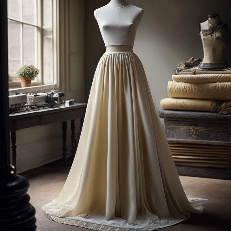 A beautiful, flowing wrap skirt with a subtle high-low hem, draped elegantly on a mannequin, surrounded by scattered sewing patterns, threads, and measuring tapes, against a soft, creamy background.