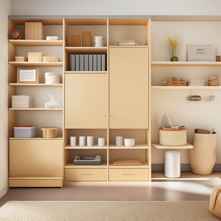 A tidy, minimalist room with a few, carefully selected storage bins in various shapes and sizes, strategically placed on shelves, under furniture, and in corners, showcasing efficient use of space.