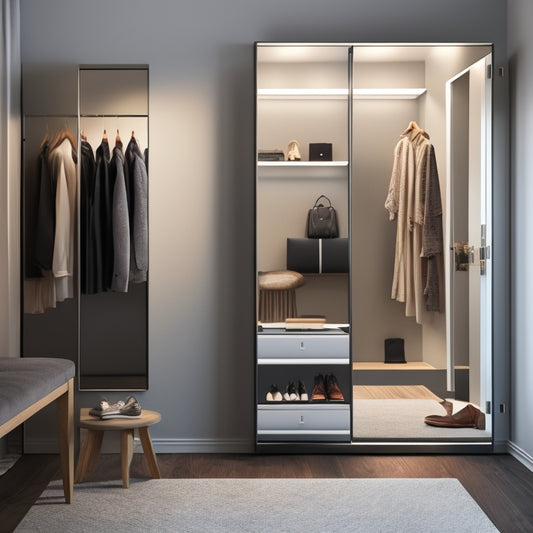 A sleek, modern closet with sliding glass doors, filled with neatly organized clothes and shoes, reflected in a large mirror, with a MacBook Pro open on a nearby stool, displaying a 3D closet design.