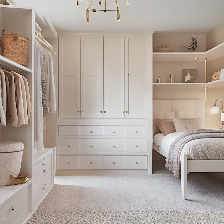 A serene, modern bedroom with a floor-to-ceiling custom closet featuring soft-close drawers, crystal knobs, and a ladder leading to a storage loft, surrounded by calming beige and cream hues.