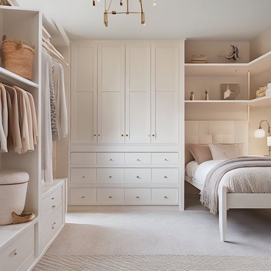 A serene, modern bedroom with a floor-to-ceiling custom closet featuring soft-close drawers, crystal knobs, and a ladder leading to a storage loft, surrounded by calming beige and cream hues.