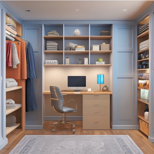 A tidy, walk-in closet with shelves, drawers, and rods, featuring a laptop open on a built-in desk, displaying a digital closet organizer software interface with 3D visualization of the space.