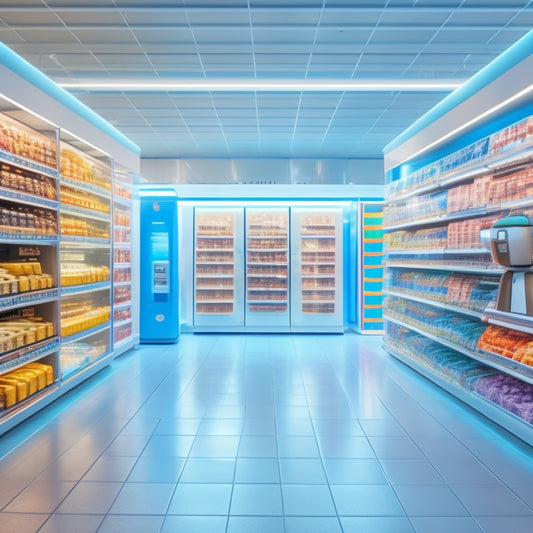 A futuristic supermarket interior with sleek, minimalist shelves and a giant transparent screen displaying a digital inventory management system, surrounded by robots and autonomous shopping carts.