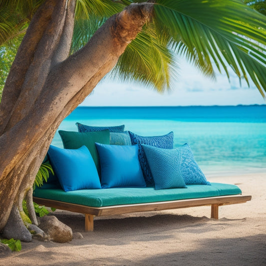 A serene island scene with a built-in L-shaped bench wrapped around a tropical tree, accompanied by a hammock and a few oversized pillows in calming shades of blue and green.