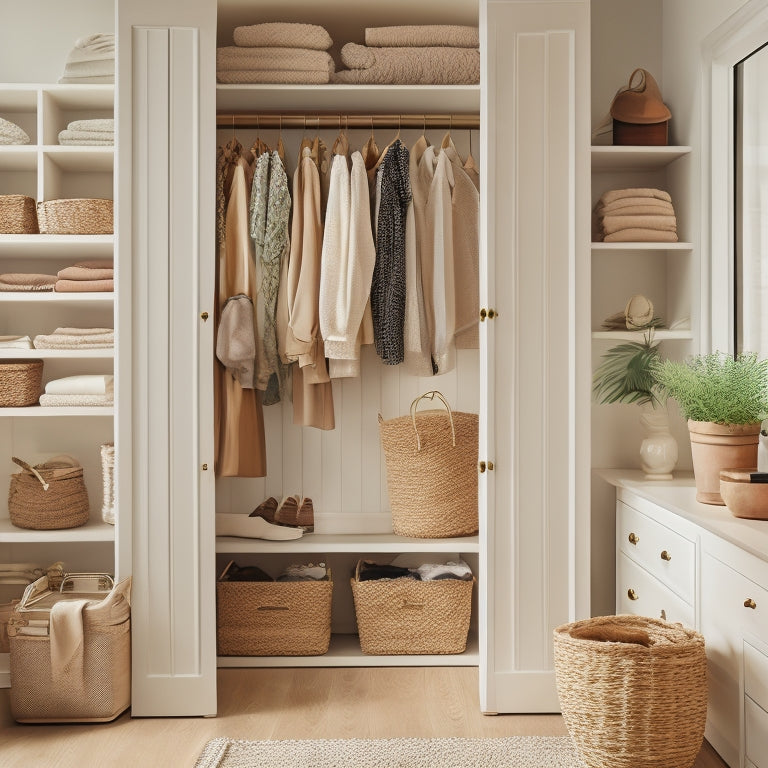 A serene, light-filled closet interior with a mix of modern and vintage pieces, showcasing a double rod with organized garments, woven baskets, and a minimalist shoe rack against a soft, creamy background.