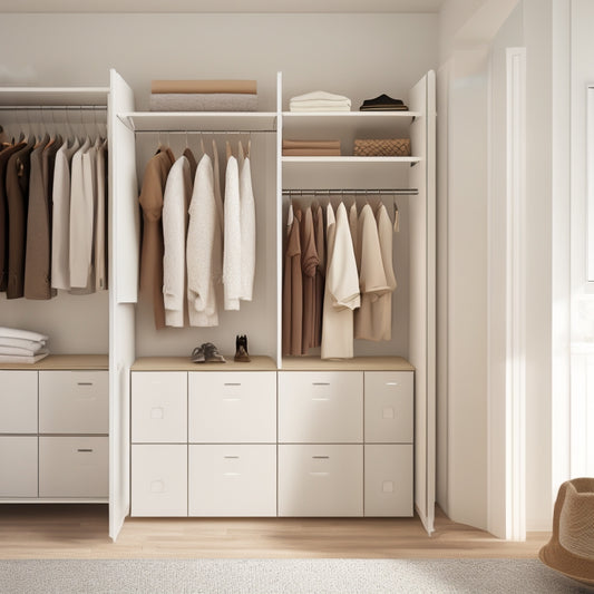 A serene, minimalist closet interior with cream-colored walls, sleek white shelves, and a polished wooden floor, featuring a curated selection of neatly organized clothing and accessories.