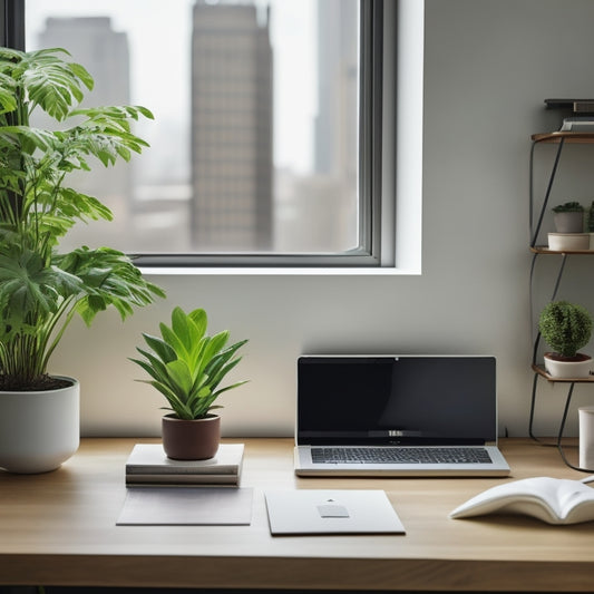 A serene, minimalist workspace with a sleek laptop, a small potted plant, and a few scattered papers, surrounded by empty shelves and a tidy, cable-organized desk, with a subtle cityscape background.