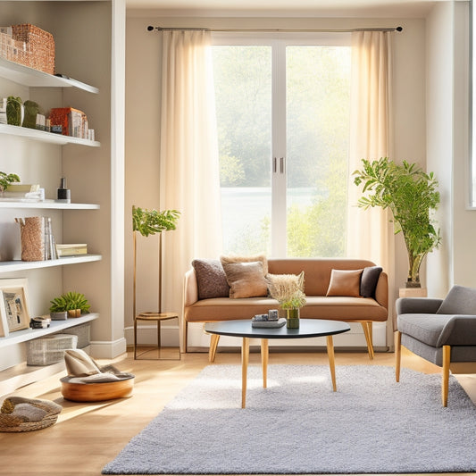 A tidy, modern living room with a sleek, wall-mounted shelf system, a compact storage ottoman, and a foldable desk, surrounded by minimal, neutral-colored decor and plenty of natural light.