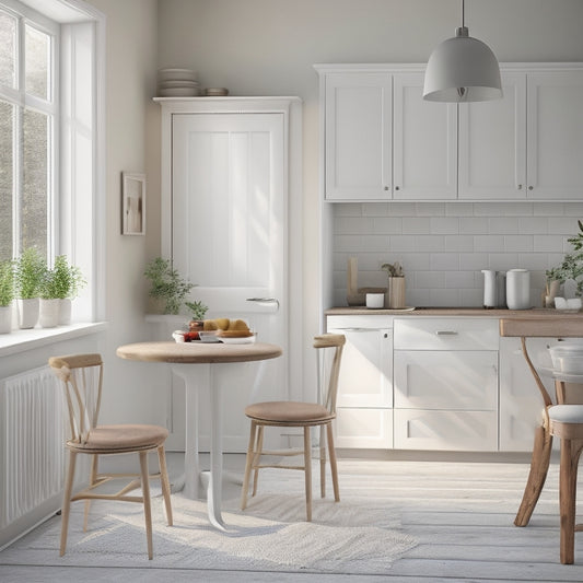 A bright, compact kitchen with creamy white cabinets, soft gray countertops, and a small, round, wooden table with two mismatched chairs, surrounded by warm, natural light.