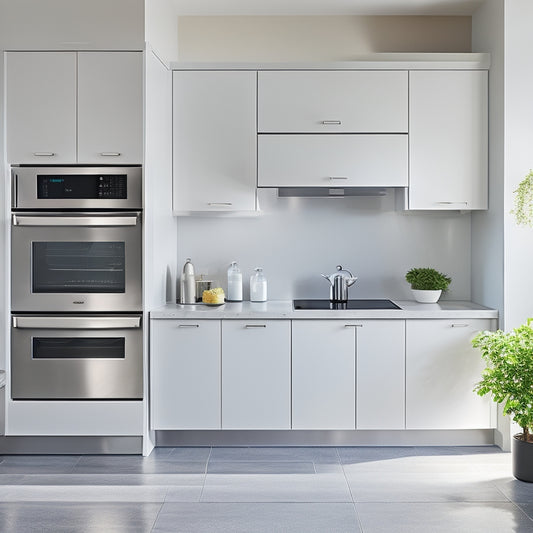 A sleek, modern kitchen with gleaming stainless steel appliances, a compact induction cooktop, and a space-saving microwave mounted above a quartz countertop, surrounded by minimalist white cabinets.