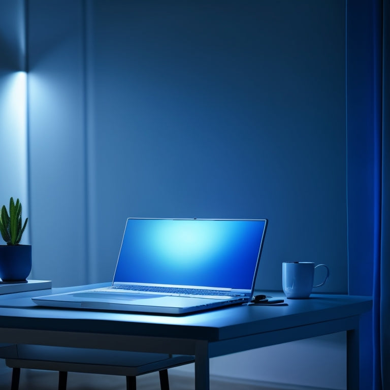 A serene, minimalist workspace with a single, focused beam of light shining on a sleek laptop, surrounded by scattered, blurred-out distractions, against a dark, gradient blue background.