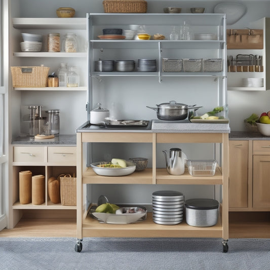 A well-organized kitchen cart with open shelves, drawers, and cabinets, surrounded by utensils, cookbooks, and decorative items, set against a light-gray background with warm, soft lighting.