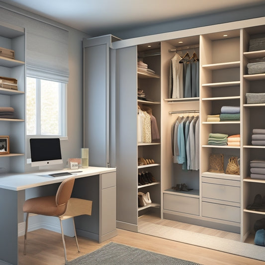 A modern, sleek closet with sliding glass doors, recessed lighting, and a mix of shelves, drawers, and rods, set against a light gray background, with a laptop in the foreground, open to a 3D design software.