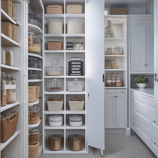 A modern, sleek pantry with sliding glass doors, filled with neatly stacked, labeled baskets, and tiered shelving, showcasing a compact, organized space with a minimalist aesthetic.