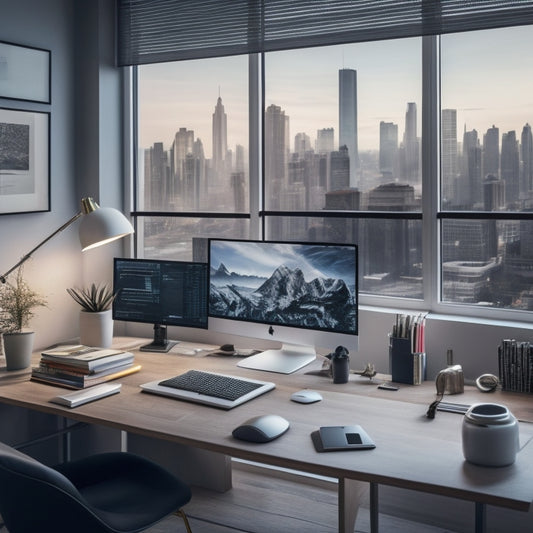 A modern, minimalist home office with a sleek desk, a laptop, and a few organized files, surrounded by a subtle cityscape background, with various digital devices and icons floating above.