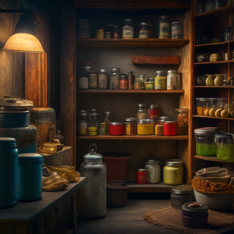 A dimly lit, cramped cupboard interior with dusty jars, expired cans, and forgotten kitchen gadgets precariously stacked, with a few surprise objects like a rusty key, a single shoe, or a faded photograph peeking out.