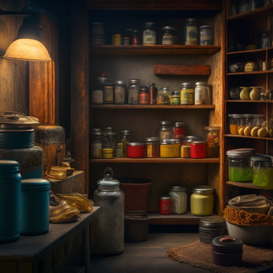 A dimly lit, cramped cupboard interior with dusty jars, expired cans, and forgotten kitchen gadgets precariously stacked, with a few surprise objects like a rusty key, a single shoe, or a faded photograph peeking out.