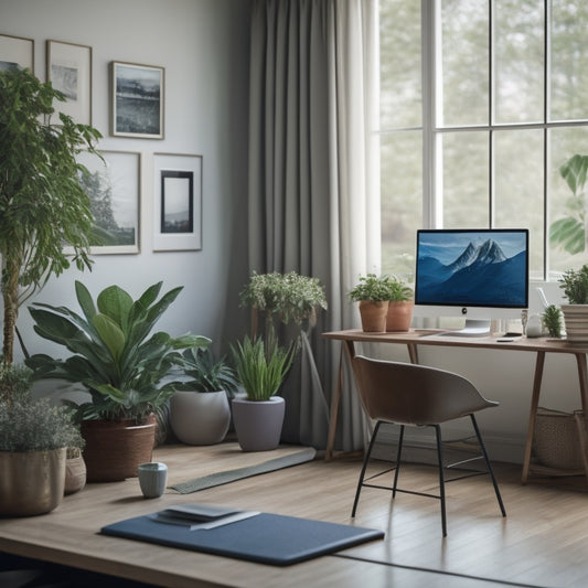 A serene and tidy living room with a laptop on a minimalist desk, surrounded by neatly organized papers and a few potted plants, with a subtle grid of digital screens in the background.