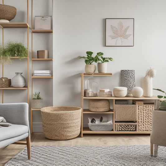 A tidy, minimalist living room with a compact shelving unit, woven baskets, and a few carefully placed decorative items, showcasing a sense of calm and organized simplicity.