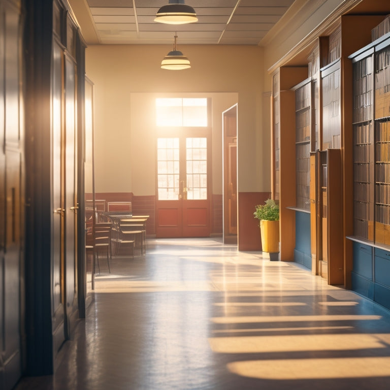 A warm, sunlit hallway with lockers, stairs, and open doors leading to classrooms, with a subtle graduation cap and diploma silhouette in the background, surrounded by scattered notes and textbooks.