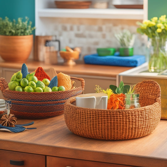 A cluttered home countertop transforms into an organized oasis, featuring a tiered utensil holder, a woven basket for mail, a wooden spice rack, and a geometric-patterned tray for small items.