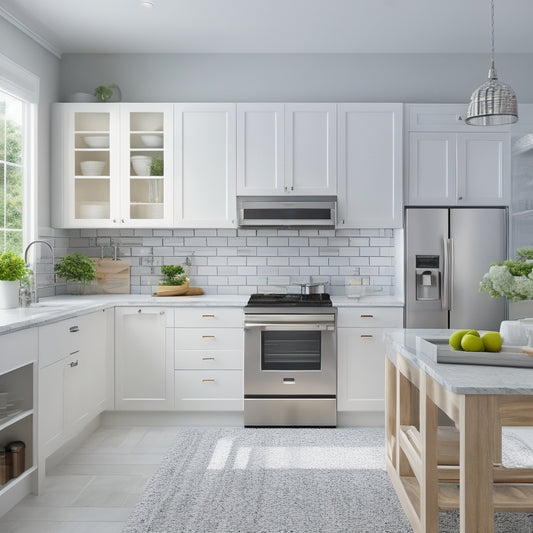 A bright, modern kitchen with sleek, handle-less cabinets in a crisp white finish, featuring a wall-mounted pot rack, pull-out pantry, and a compact, rotating corner carousel.