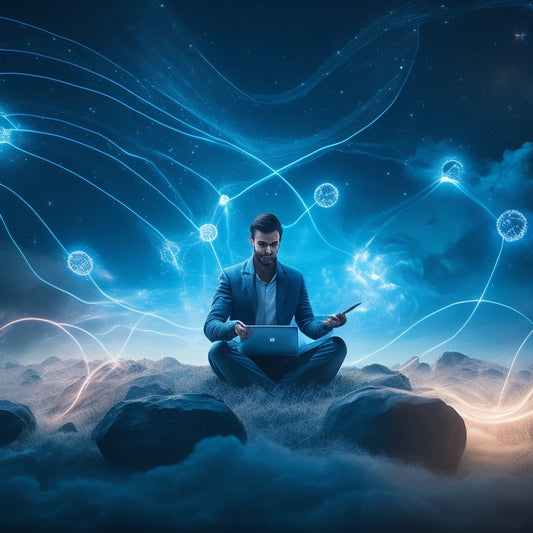 An illustration of a person surrounded by swirling clouds of 1s and 0s, with laptops, tablets, and smartphones orbiting around them, connected by glowing lines and pulses of light.