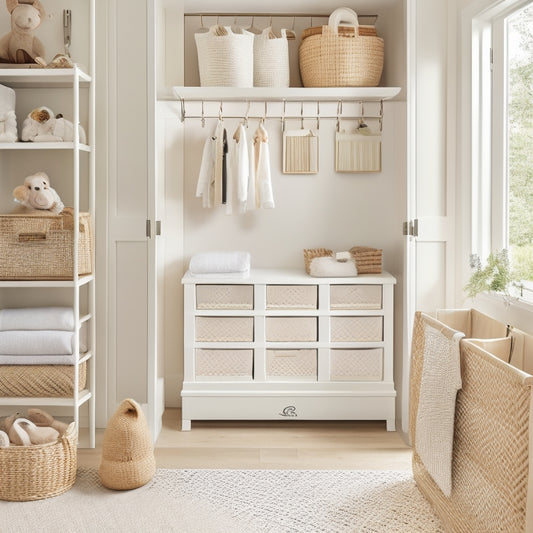 A serene nursery closet with soft, natural light, featuring a combination of stackable baskets, hanging rods with dividers, and a pegboard with hooks, all in a calming white and wood tone color scheme.
