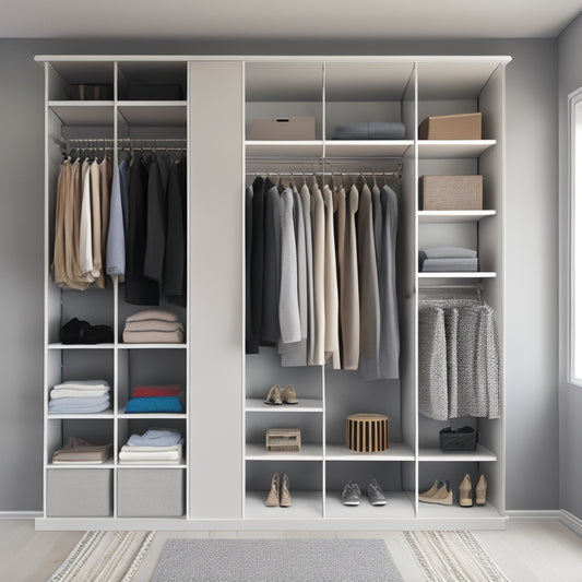 A minimalist, modern closet with pale gray walls, featuring a sleek, floor-to-ceiling shelving unit with chrome accents, adjustable rods, and a few stylish, compact storage bins.